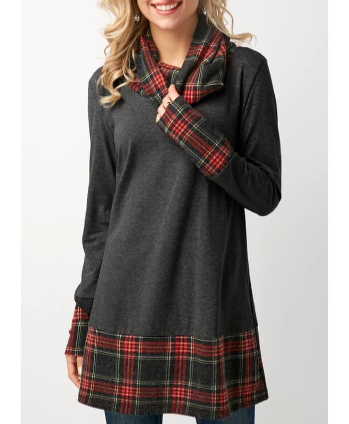 Plaid Cowl Neck Patchwork Dark Grey T Shirt